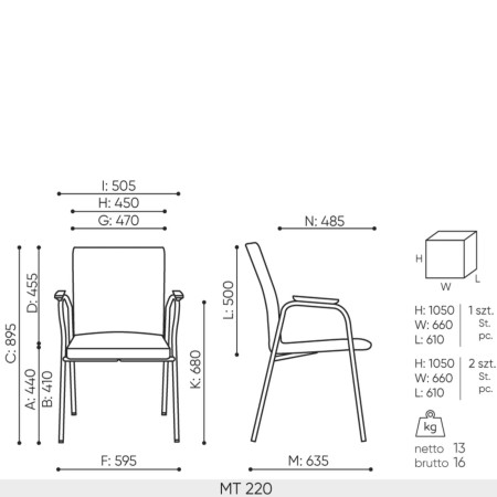 Schéma technique chaise de réunion Mate MT 220 avec dimensions
