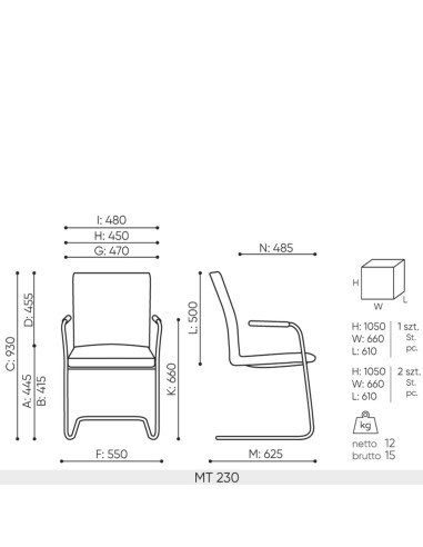 Schéma technique chaise Mate 230 avec dimensions