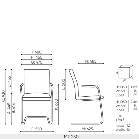 Schéma technique chaise Mate 230 avec dimensions