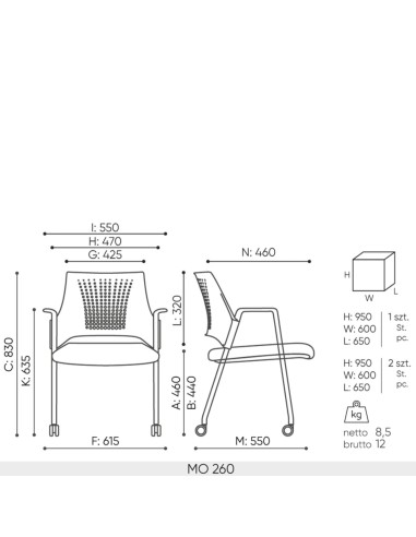 Schéma technique chaise de conférence Momo MO 260 avec dimensions