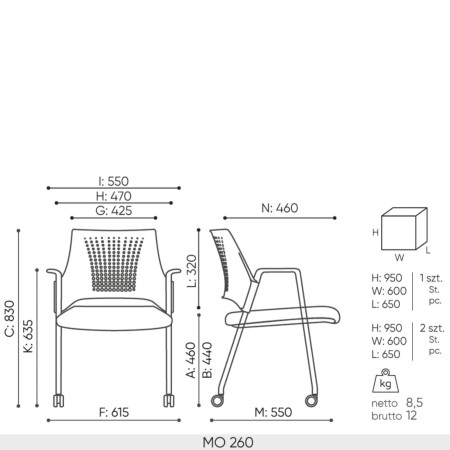 Schéma technique chaise de conférence Momo MO 260 avec dimensions