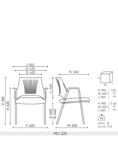 Schéma technique chaise de conférence Momo 220 avec dimensions