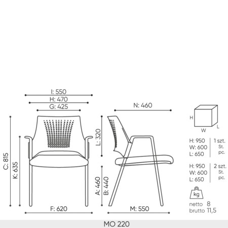 Schéma technique chaise de conférence Momo 220 avec dimensions
