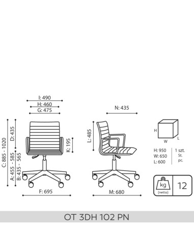 Dimensions chaise Orte avec accoudoirs 2PN
