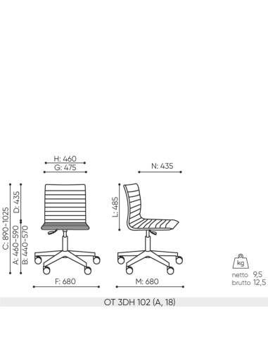 Schéma technique chaise de conférence Orte 3DH 102 dimensions