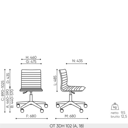 Schéma technique chaise de conférence Orte 3DH 102 dimensions