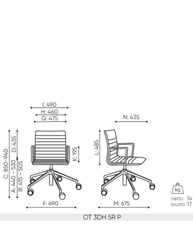Dimensions Orte 5R avec accoudoirs