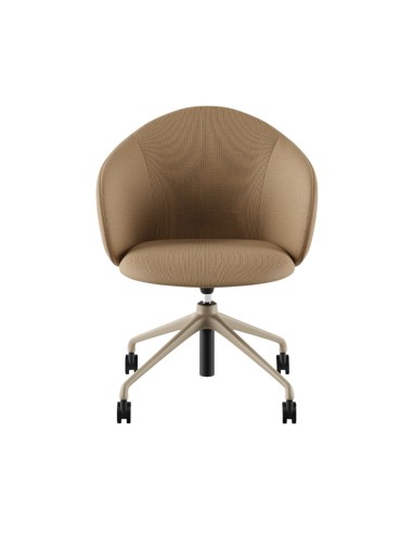 Présentation de la chaise Volta vue de dos, avec dossier enveloppant et piètement noir à roulettes – Volta