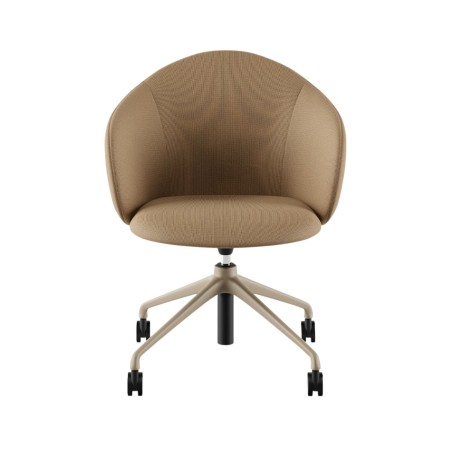 Présentation de la chaise Volta vue de dos, avec dossier enveloppant et piètement noir à roulettes – Volta