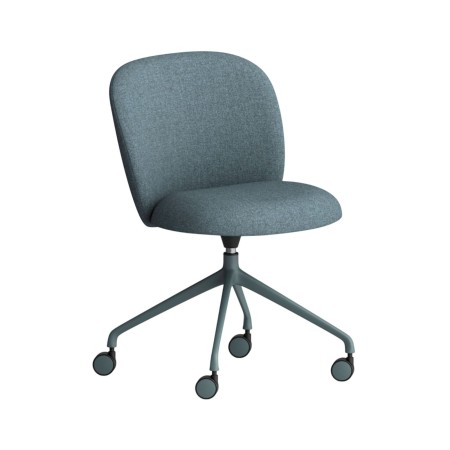 Chaise Volta de bureau avec roulettes, revêtement bleu-gris et base pivotante, vue oblique – Volta