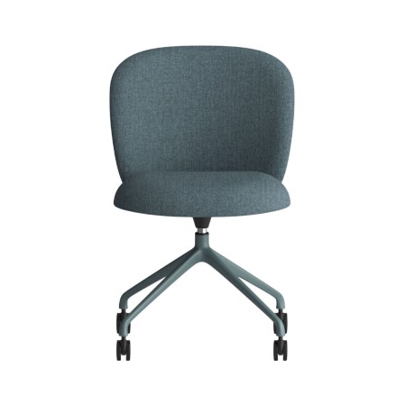 Chaise Volta bleu-gris, piètement métallique sur roulettes et assise capitonnée, vue de face – Volta