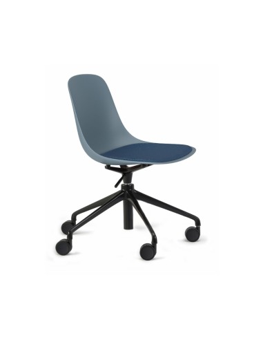 Chaise de bureau à roulettes bleu-gris avec coque plastique et assise tissu bleu, réglable pour poste de travail