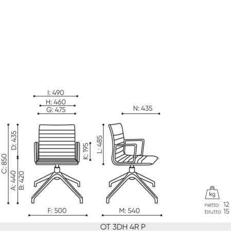 Dimensions de la chaise Orte 4R avec accoudoirs