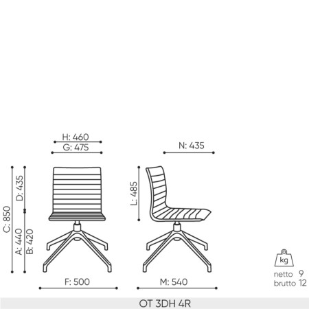 Schéma technique chaise Orte 3DH 4R avec dimensions et piètement 4 branches