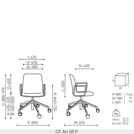 Schéma technique chaise Orte AH 5R avec dimensions accoudoirs