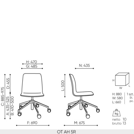 Schéma technique chaise Orte AH 5R avec dimensions professionnelles