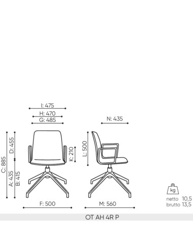 Schéma technique chaise Orte AH 4R dimensions accoudoirs