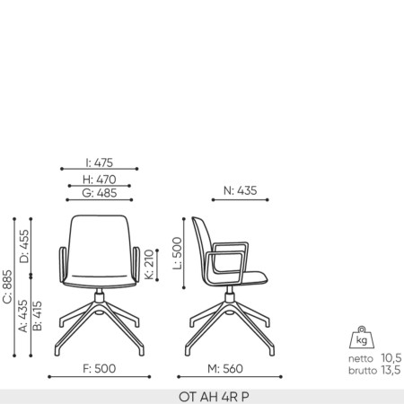 Schéma technique chaise Orte AH 4R dimensions accoudoirs