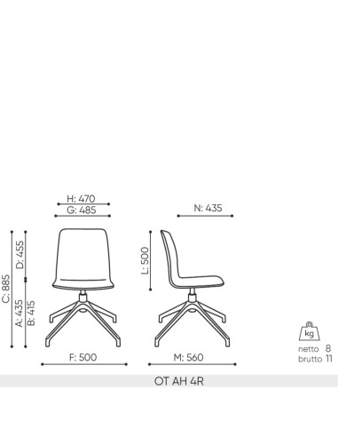 Schéma technique chaise Orte AH 4R dimensions réunion
