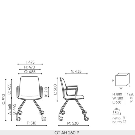Schéma technique chaise Orte AH 260 avec dimensions accoudoirs
