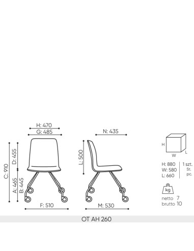 Schéma technique chaise Orte AH 260 avec dimensions