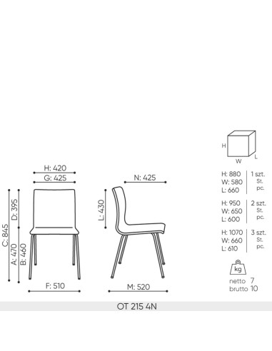 Schéma technique chaise de conférence Orte OT 215 dimensions 4N