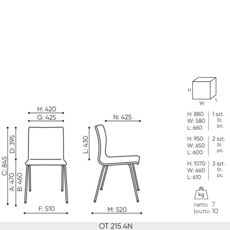 Schéma technique chaise de conférence Orte OT 215 dimensions 4N