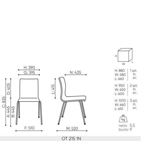 Schéma technique chaise de conférence Orte OT 215 dimensions