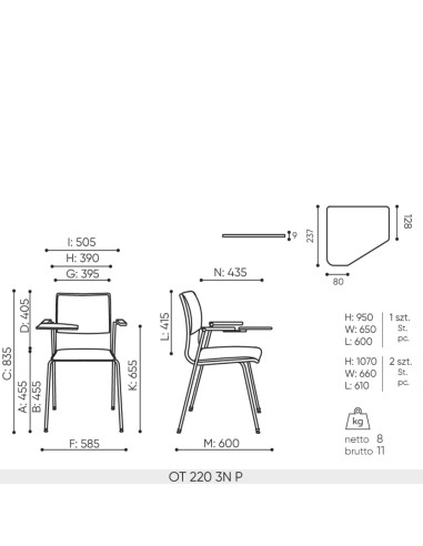 Schéma technique chaise Orte OT 220 dimensions professionnelles avec tablette