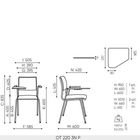 Schéma technique chaise Orte OT 220 dimensions professionnelles avec tablette