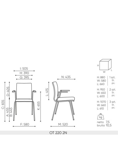 Schéma technique chaise Orte OT 220 dimensions professionnelles