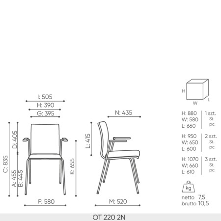 Schéma technique chaise Orte OT 220 dimensions professionnelles