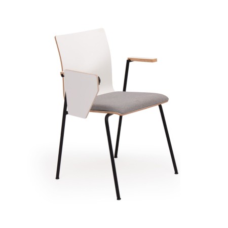 Vue de profil de la chaise Orte avec accoudoirs et tablette pour prise de note en conférence