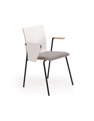 Vue de profil de la chaise Orte avec accoudoirs et tablette pour prise de note en conférence