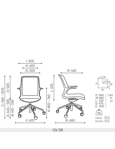 Schéma technique chaise de conférence Ovidio avec dimensions