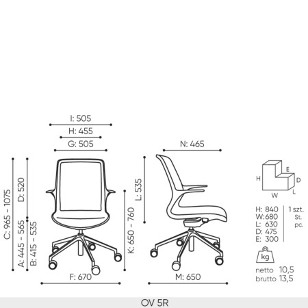 Schéma technique chaise de conférence Ovidio avec dimensions