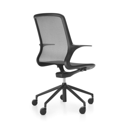 Vue de dos de la chaise de bureau Ovidio avec roulettes et accoudoirs.
