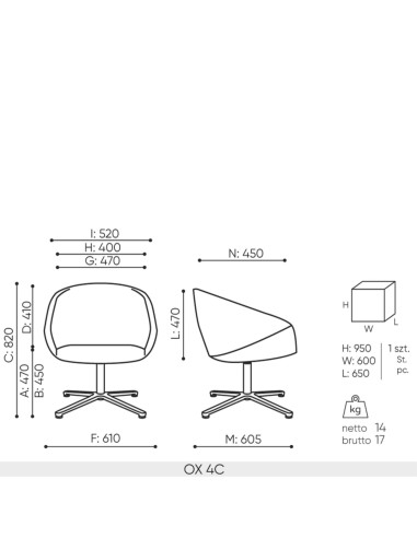 Schéma technique fauteuil de réunion Oxco dimensions