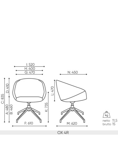 Schéma technique fauteuil OX 4R dimensions professionnelles
