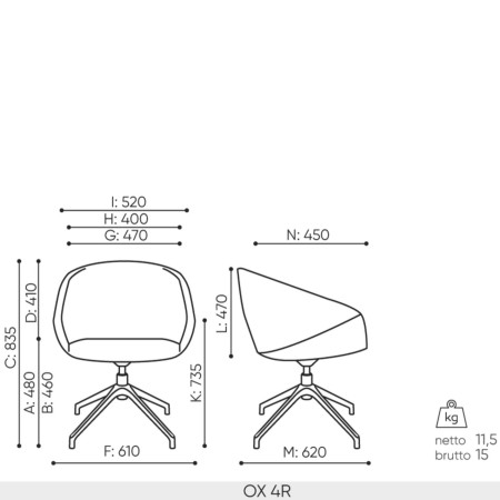 Schéma technique fauteuil OX 4R dimensions professionnelles