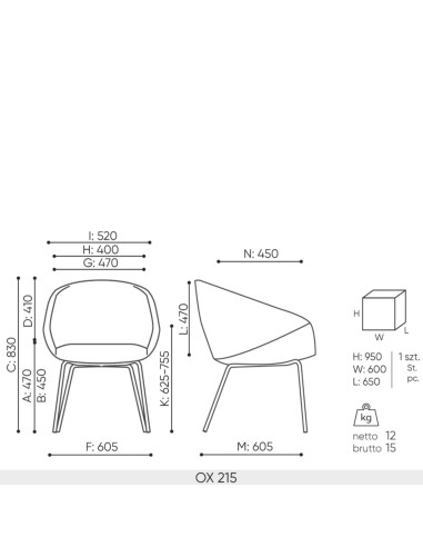Schéma technique chaise Oxco OX 215 dimensions professionnelles
