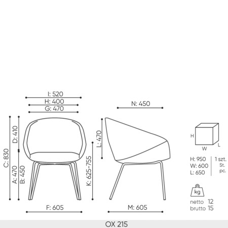 Schéma technique chaise Oxco OX 215 dimensions professionnelles