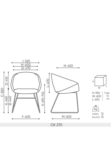 Schéma technique chaise Oxco dimensions professionnelles