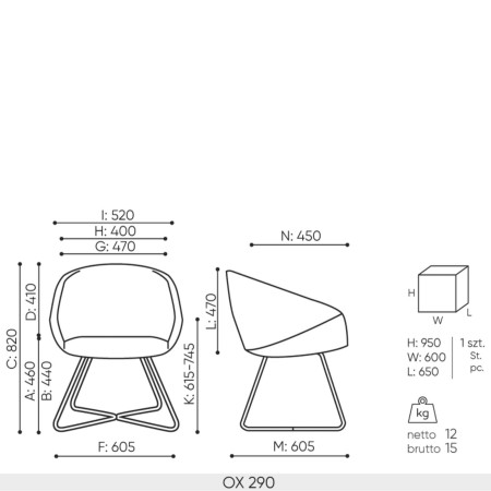 Schéma technique chaise OX 290 dimensions professionnelles