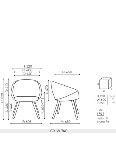 Schéma technique fauteuil OX W 740 dimensions professionnelles