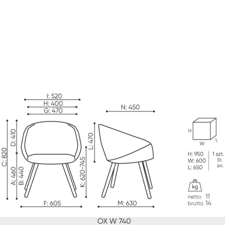 Schéma technique fauteuil OX W 740 dimensions professionnelles