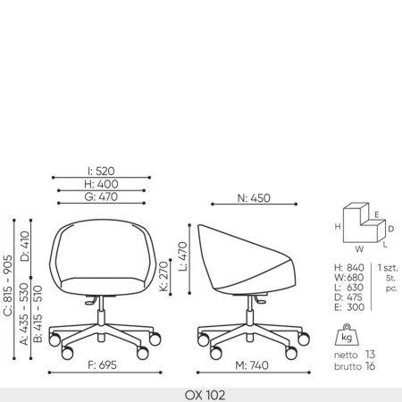 Schéma technique fauteuil OX 102 dimensions professionnelles