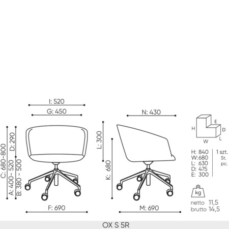 Chaise de réunion mobile pivotante réglable en hauteur Ox:co Small