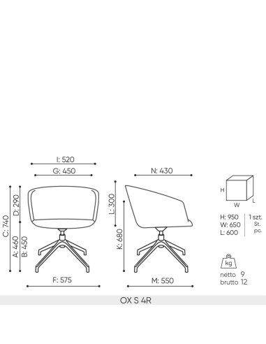 Schéma technique chaise OX S 4R dimensions