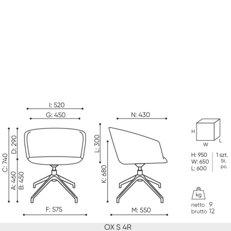 Schéma technique chaise OX S 4R dimensions